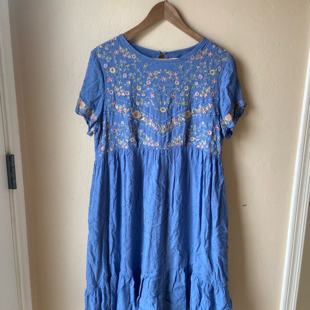 Orange Creek Modest Blue Dress with Floral Embroidery